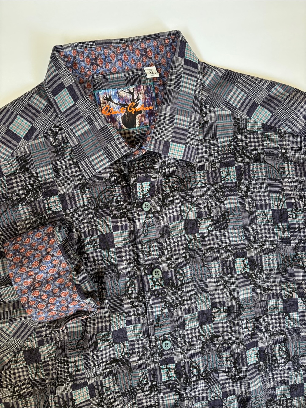 Robert Graham Blue Plaid Embroidered Flip Cuff Classic Fit Cotton Shirt Mens XL